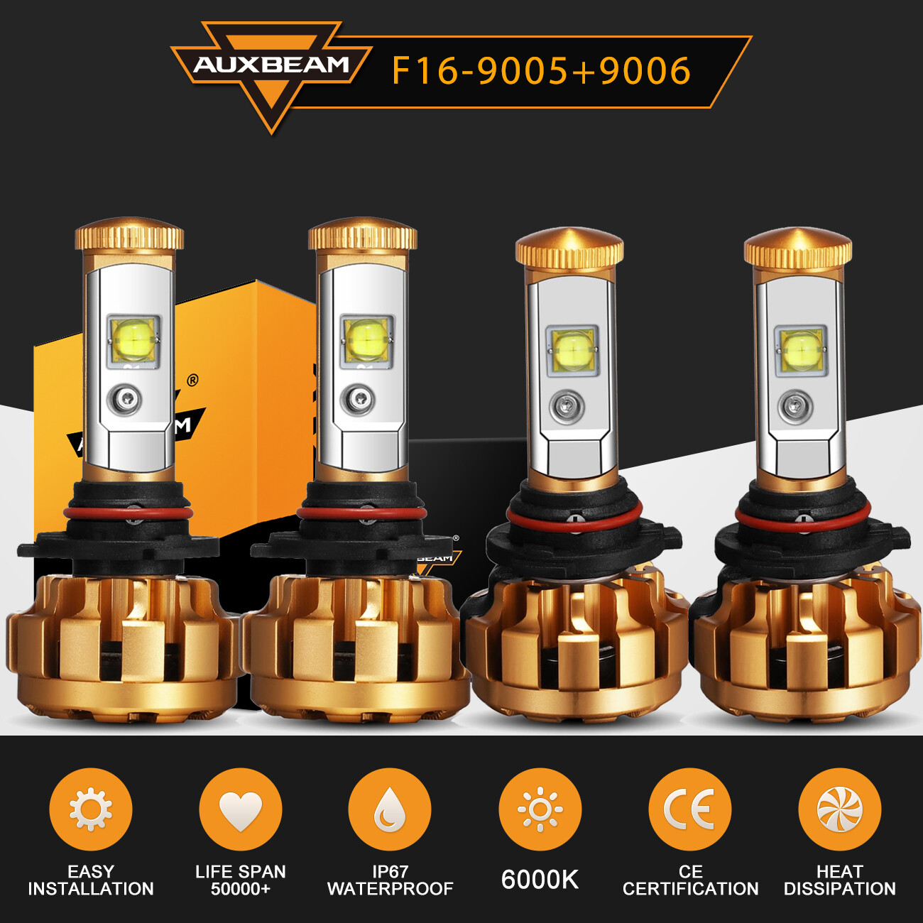 AUXBEAM F16 9005 9006 Combo LED Headlights High Low Beam Bulbs 6000K Cool White