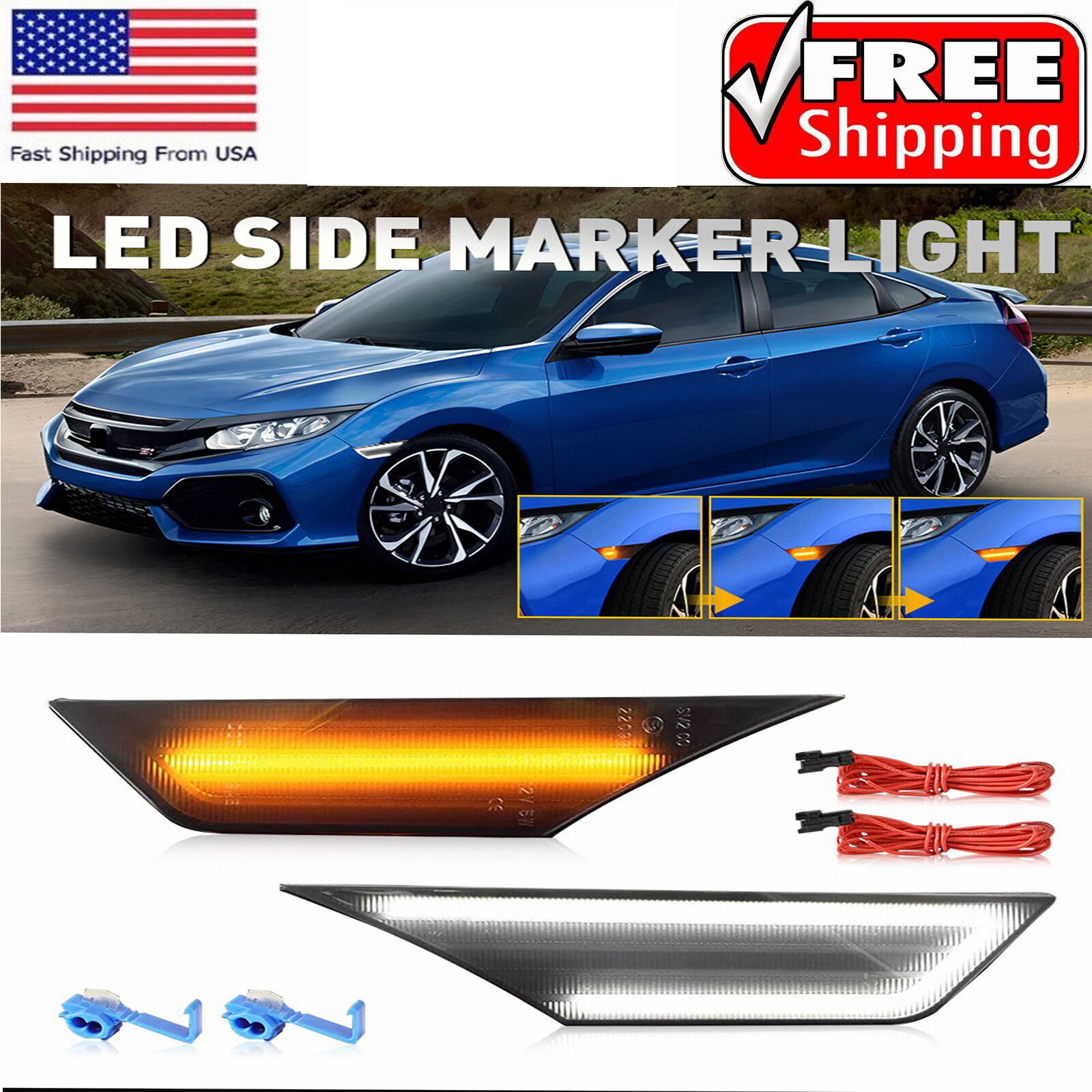 Smoked Side Marker Lamp Turn Signal Light W/ LED Bulbs for Honda Civic 2016-2021