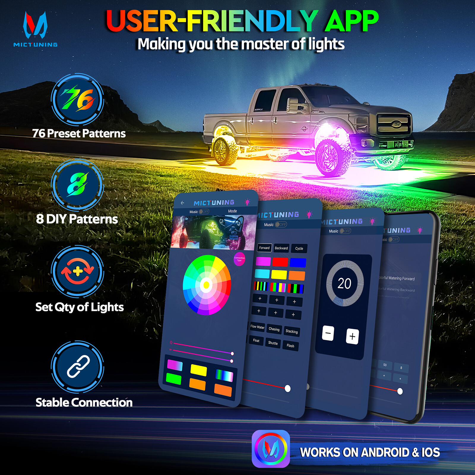MICTUNING RGB/RGB+IC LED Rock Lights, 8/12/16/20 Pods Underglow Led Chasing Lamp