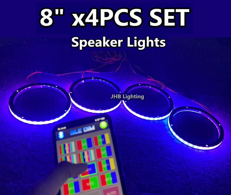 4PCS 8″ CHASING FLOW LED Rings 1/2″Spacer Remote+APP Loudspeakers SpeakerLights