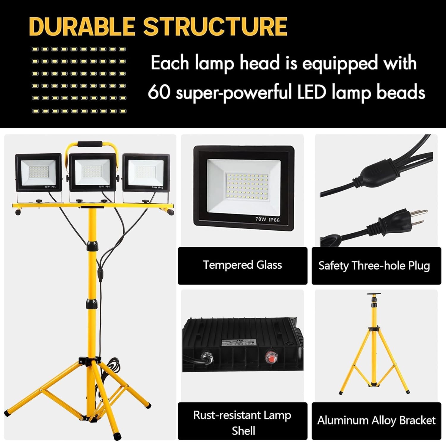 Durable 22000 Lumen LED Work Light with 360° Rotatable Heads & Adjustable Stand