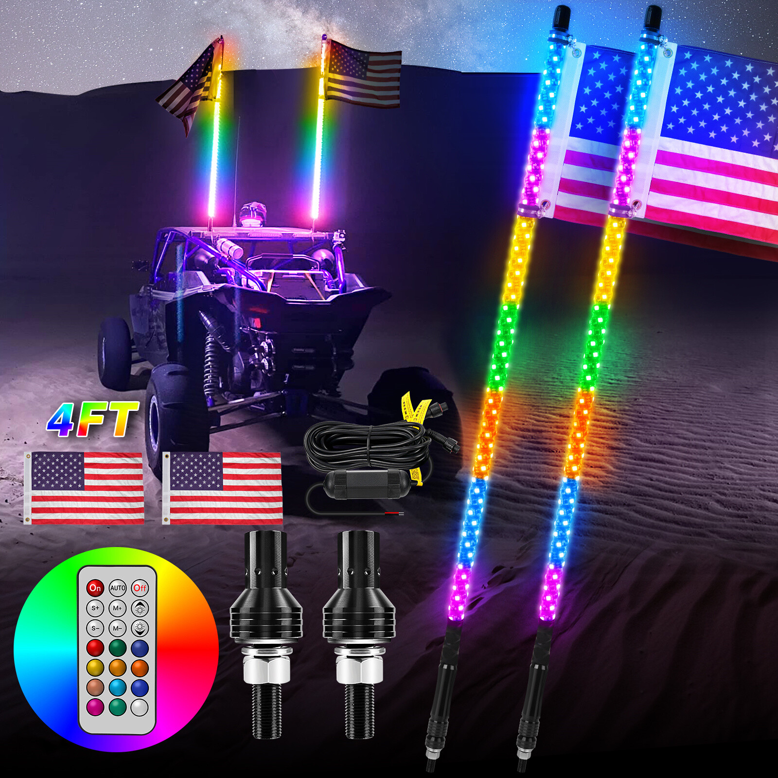 1Pair 3ft/4ft RGB-IC LED Whip Lights 360° Antenna Flow Lamp w/Remote For UTV ATV