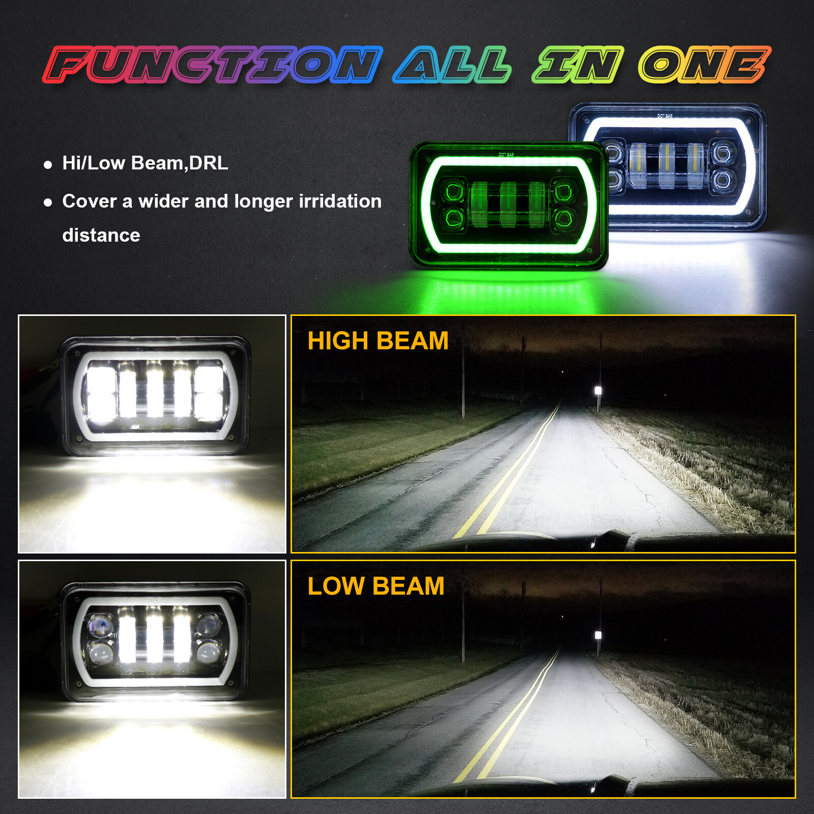 4pc 4×6 RGB LED Headlights Hi/Lo DRL Lamp For Chevrolet Monte Carlo 80-88 Camaro