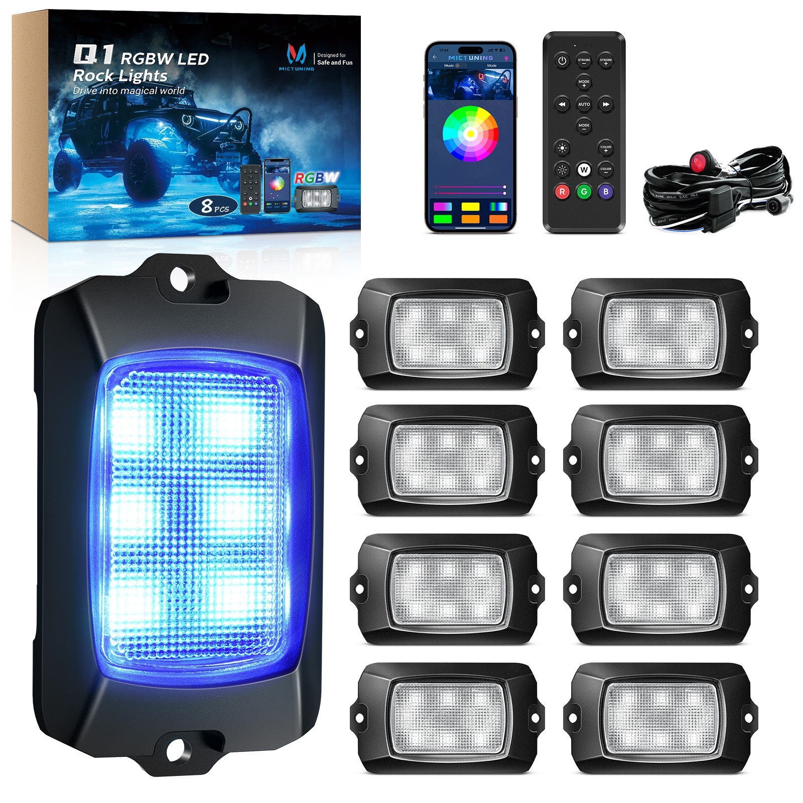 MICTUNING Q1 RGBW LED Rock Lights -8 Pods Underglow Underbody Neon LED Light Kit