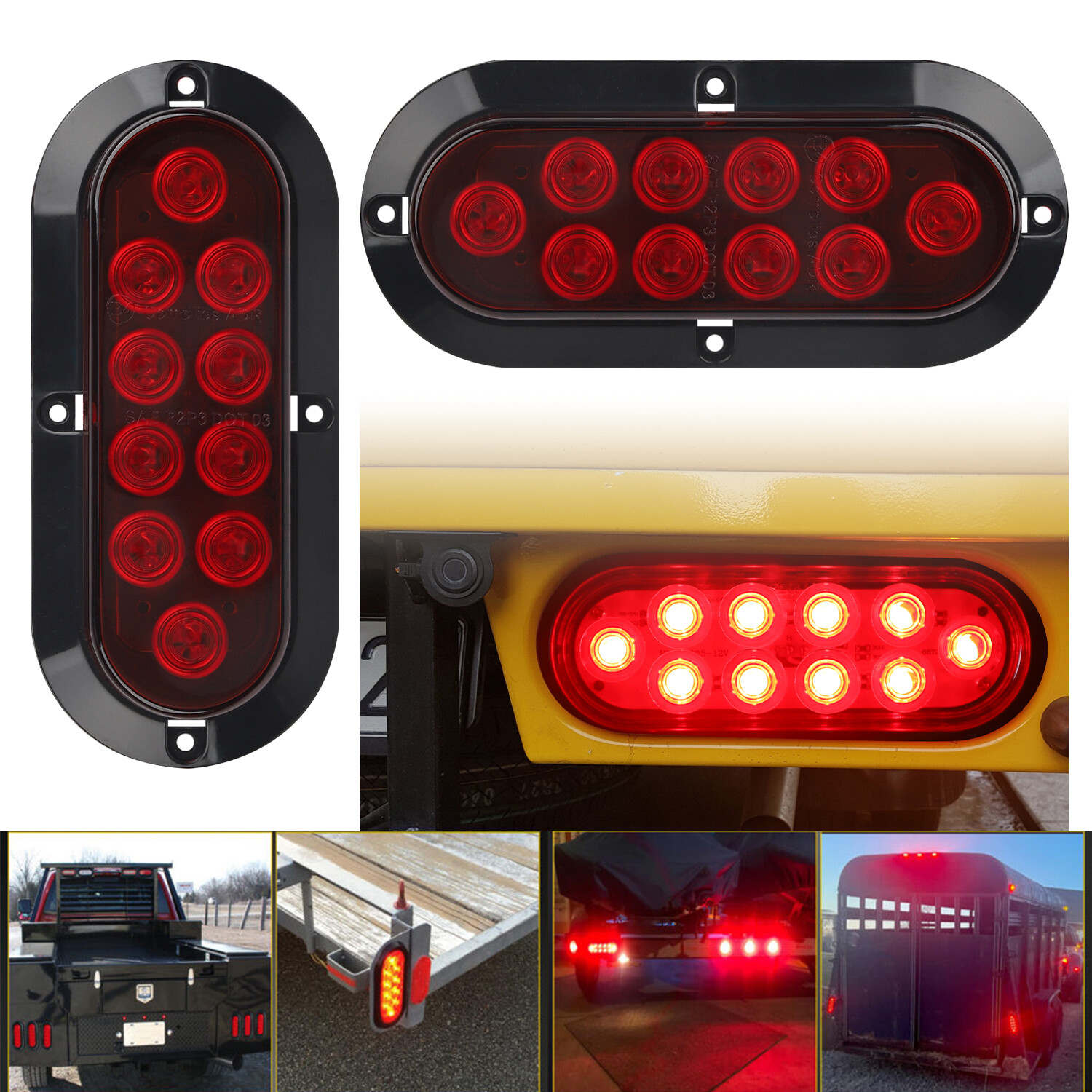 2 Red 6″ Oval Trailer Lights 10 LED Stop Turn Tail Truck Sealed Grommet Plug DOT