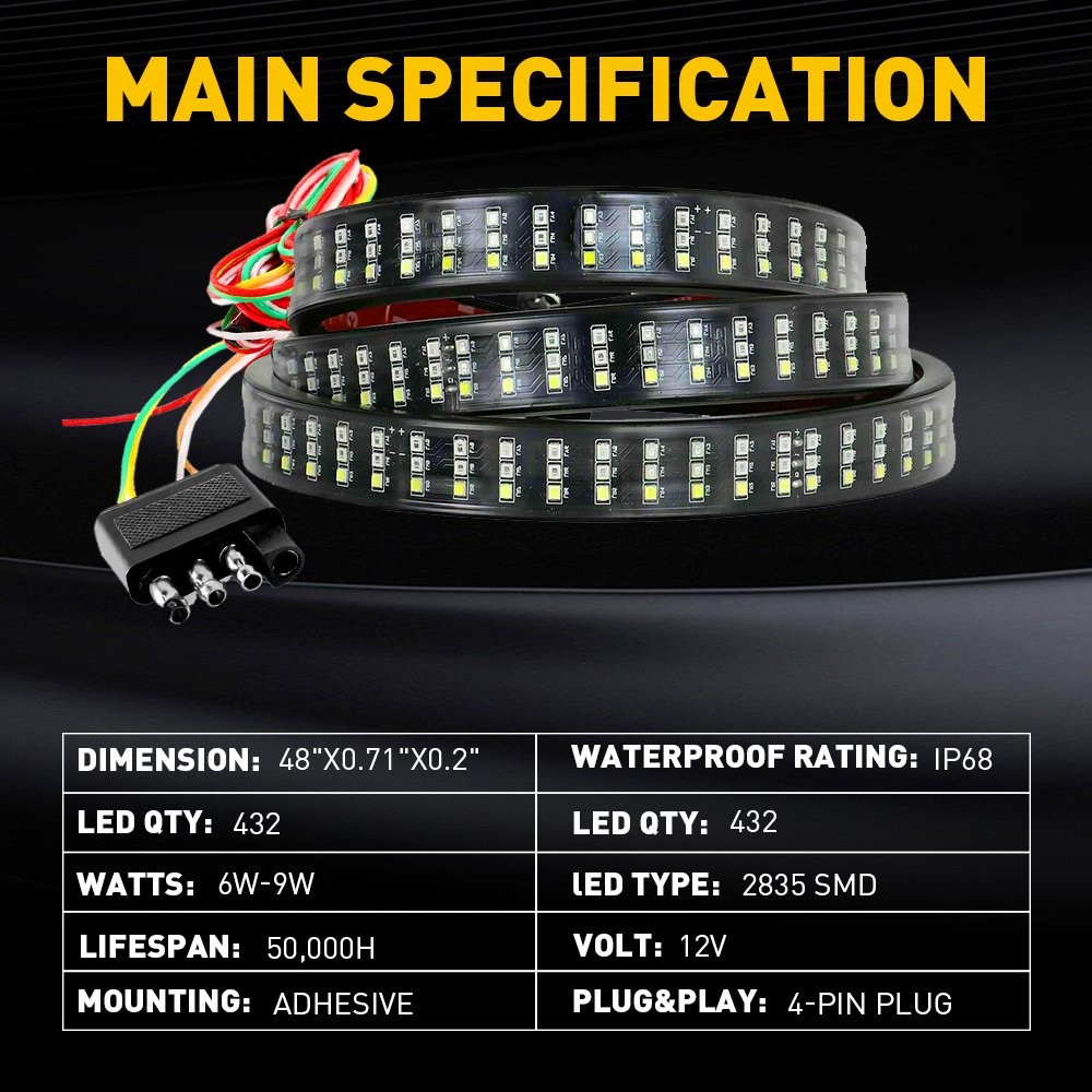 48″ 3-Row 432-LED Strip Tailgate Light Bar Truck Reverse Brake Signal Lamp 1Set