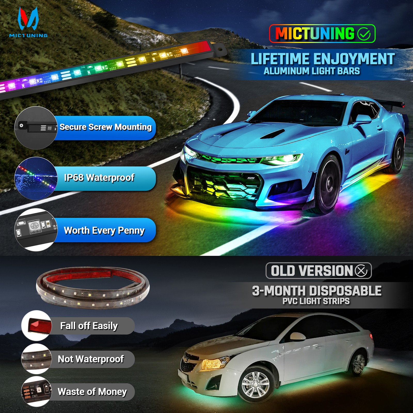 8PC RGB+IC Dream Color Underglow LED Neon Kit Light Strip Bluetoot For Car Truck