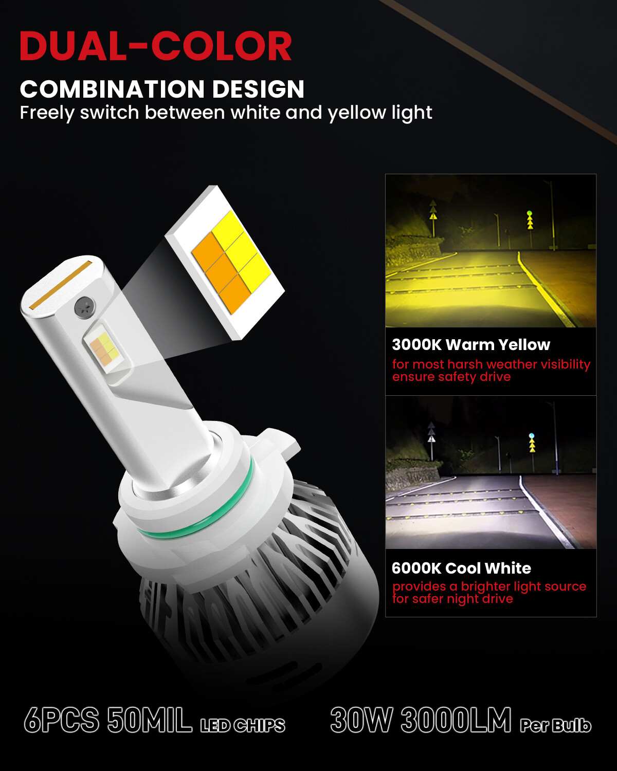LASFIT Switchback 9006 HB4 LED Headlight Bulbs Low Beam 6000LM Dual Color Kits