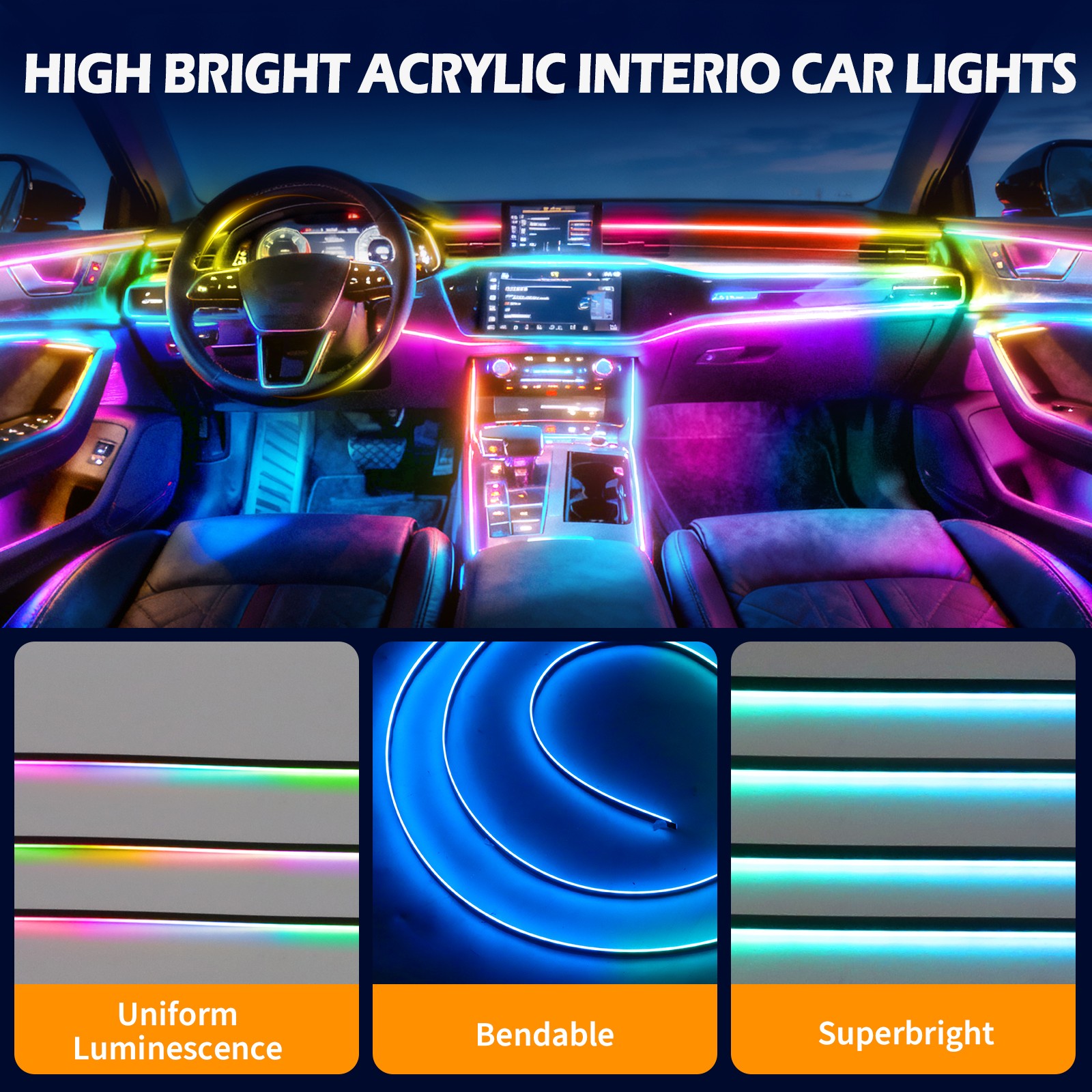 LED Interior Acrylic Strip Light APP-Control Ambient For Tesla Model 3 S X Y