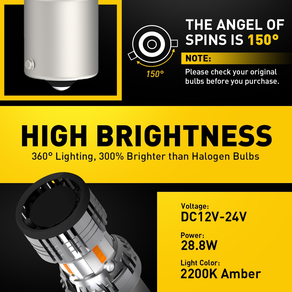 BAU15S LED Turn Signal Light Bulbs Kit PY21W Amber 2400LM Anti Hyper Flash NEW-2