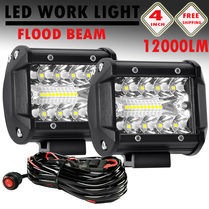 Pair 12000LM 4″ Inch LED Work Light Bar Spot Flood Pods fit for Jeep ATV + Wire