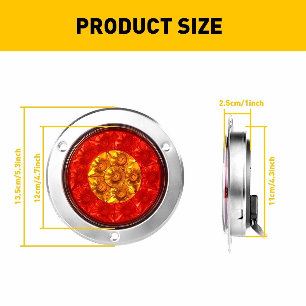 2x Round Red/Amber 16 LED Truck Trailer Brake RV Stop Turn Signal Tail Lights EW