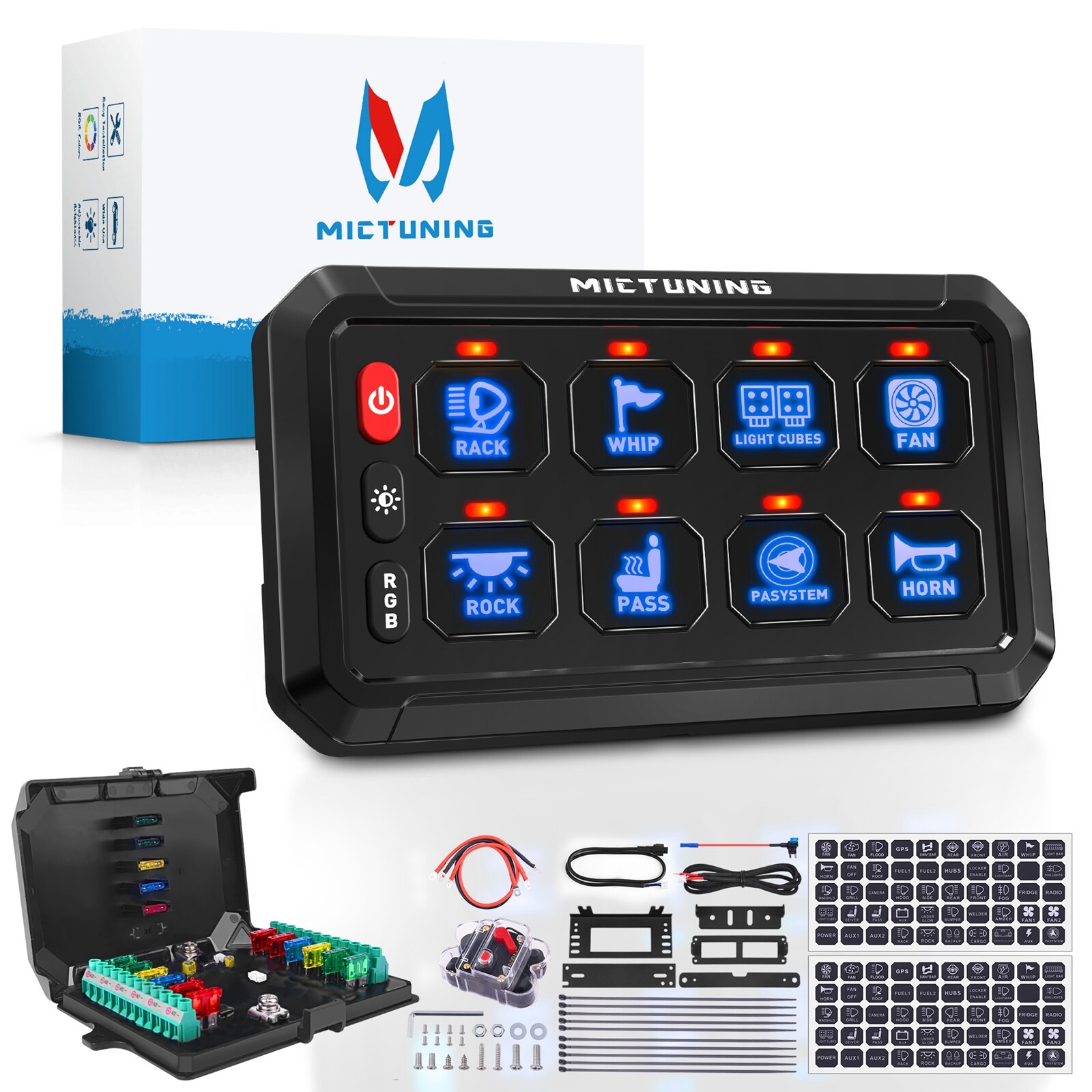 MICTUNING RGB 8 Gang Switch Panel LED Circuit Control Relay System Multipe Mode
