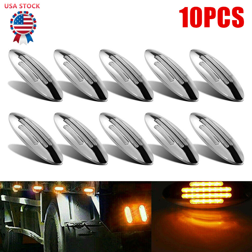 10pcs Amber Thin Side Marker Lights Clearance 24 LED Chrome for Freightliner USA