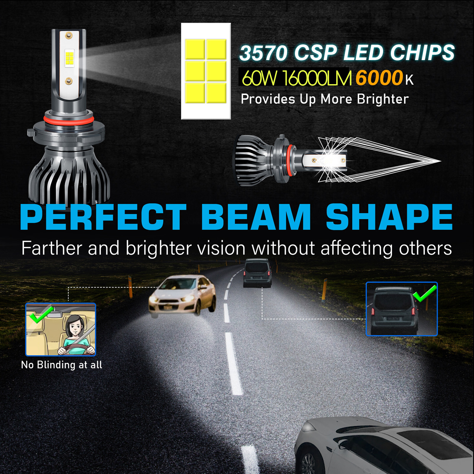 9006 9005 LED Headlight Bulbs White High Low Conversion Kit 16000LM Lamps Bright