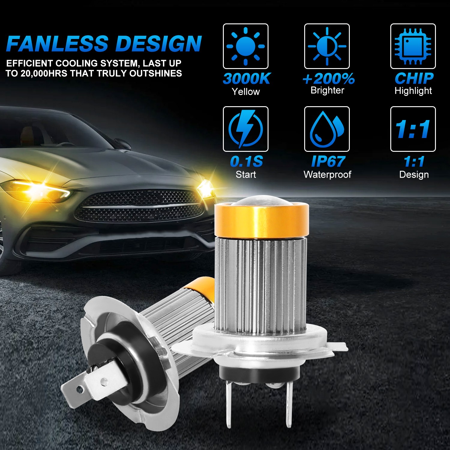 2PC H7 yellow LED Headlight Bulbs For Yamaha YZF-R6 2003-15 YZF-R1 2009-16