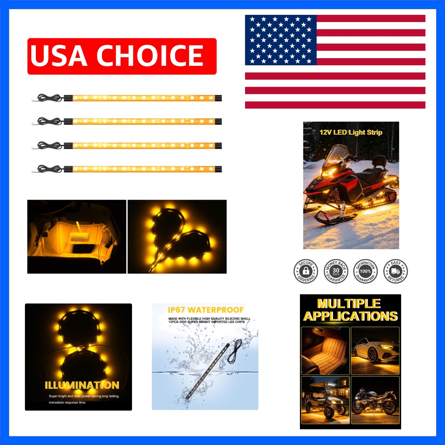 Amber Yellow Underglow LED Strip Lights DC12V 4 Pack 11inch | Waterproof, 50…