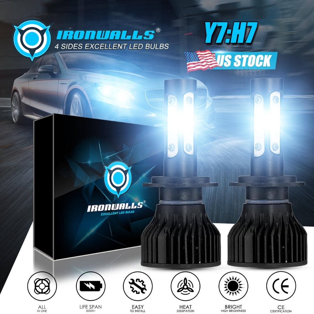 4 Sides H7 LED Headlight Bulb Kit High or Low Beam 6500K Super White Lights 2PCS