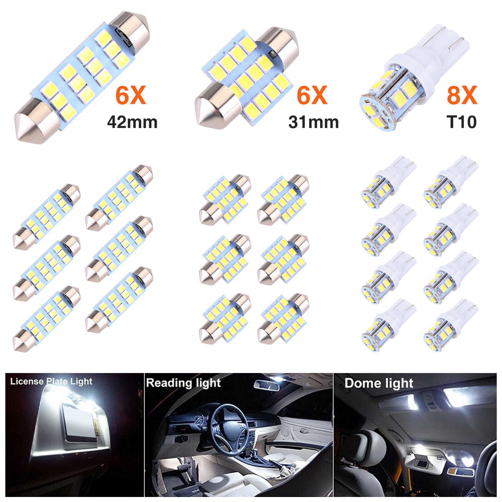 20pcs LED Light Bulbs Interior Kit Car Trunk Dome License Plate Lamp 6000K