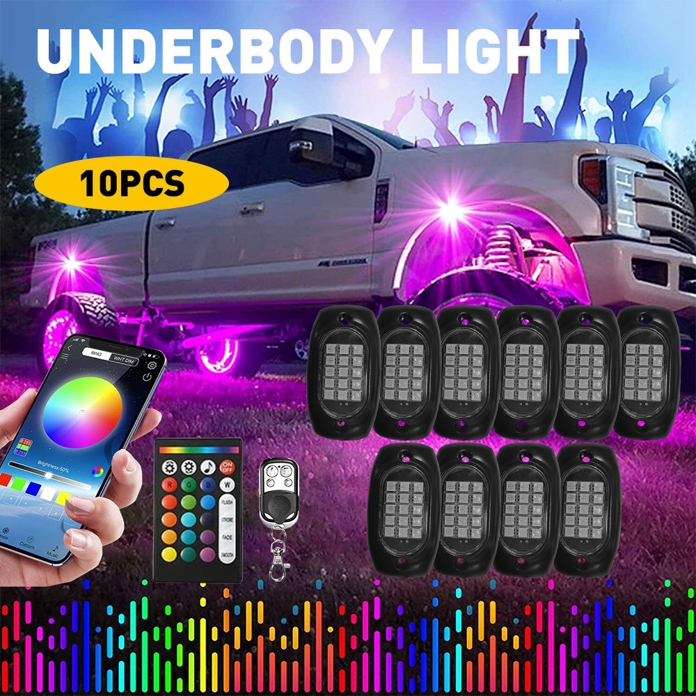 12V 10Pods RGB LED Rock Lights Underbody Wireless APP Music Chasing Offroad ATV