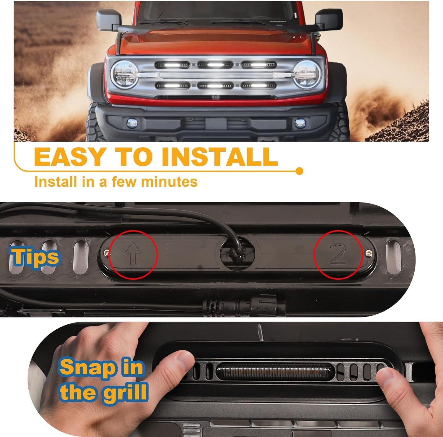 LED Grille Lights for Ford Bronco 2021-2024 Front Grill Inserts Light Snap-on