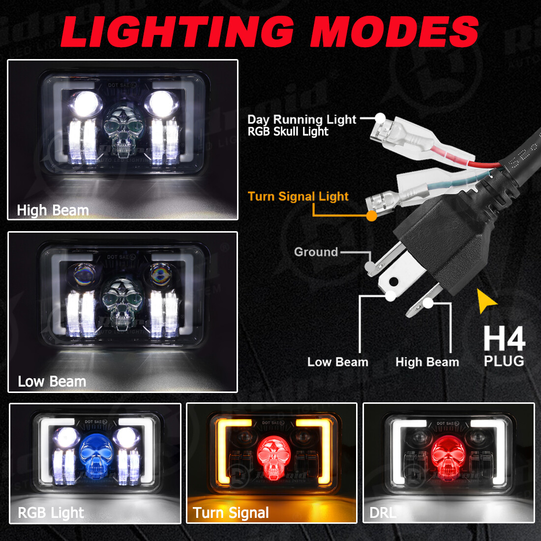 4x 4×6″ LED Headlights RGB For Kenworth T400 T800 W900 Peterbilt 357 359 378 379