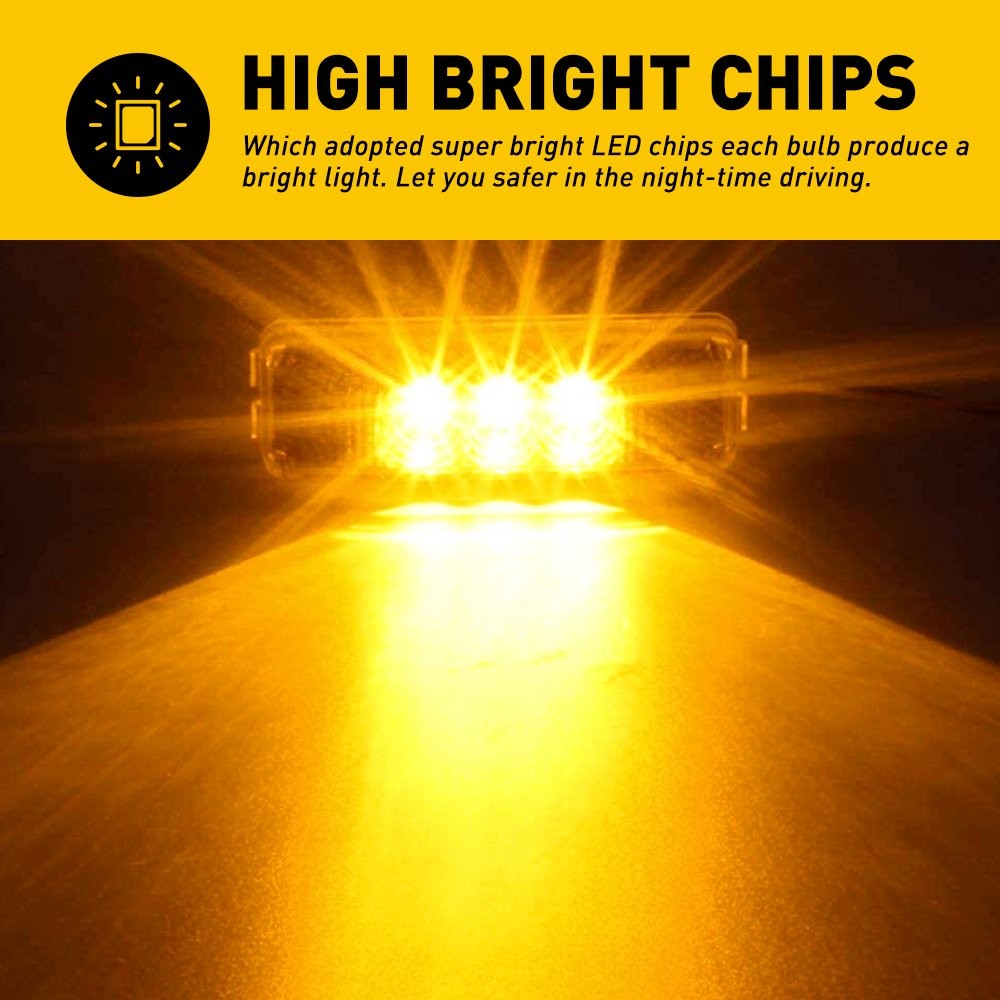 3-LED 4pc Amber Side Marker Lights Clearance Lights Truck Trailer Bright Durable