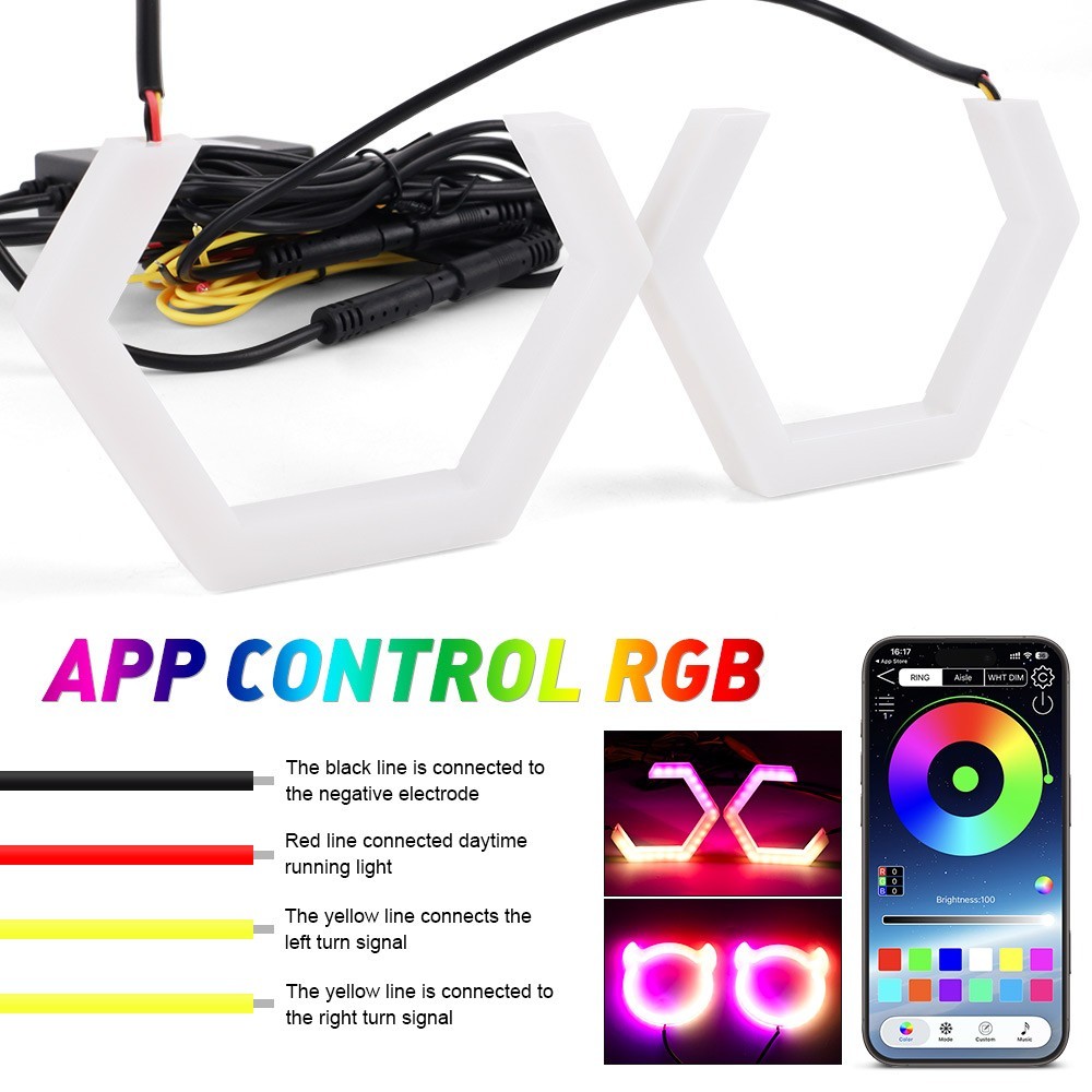 APP 2 in 1 Car RGB Heart LED Angel Eyes Halo Rings Headlight DRL Light Retrofit