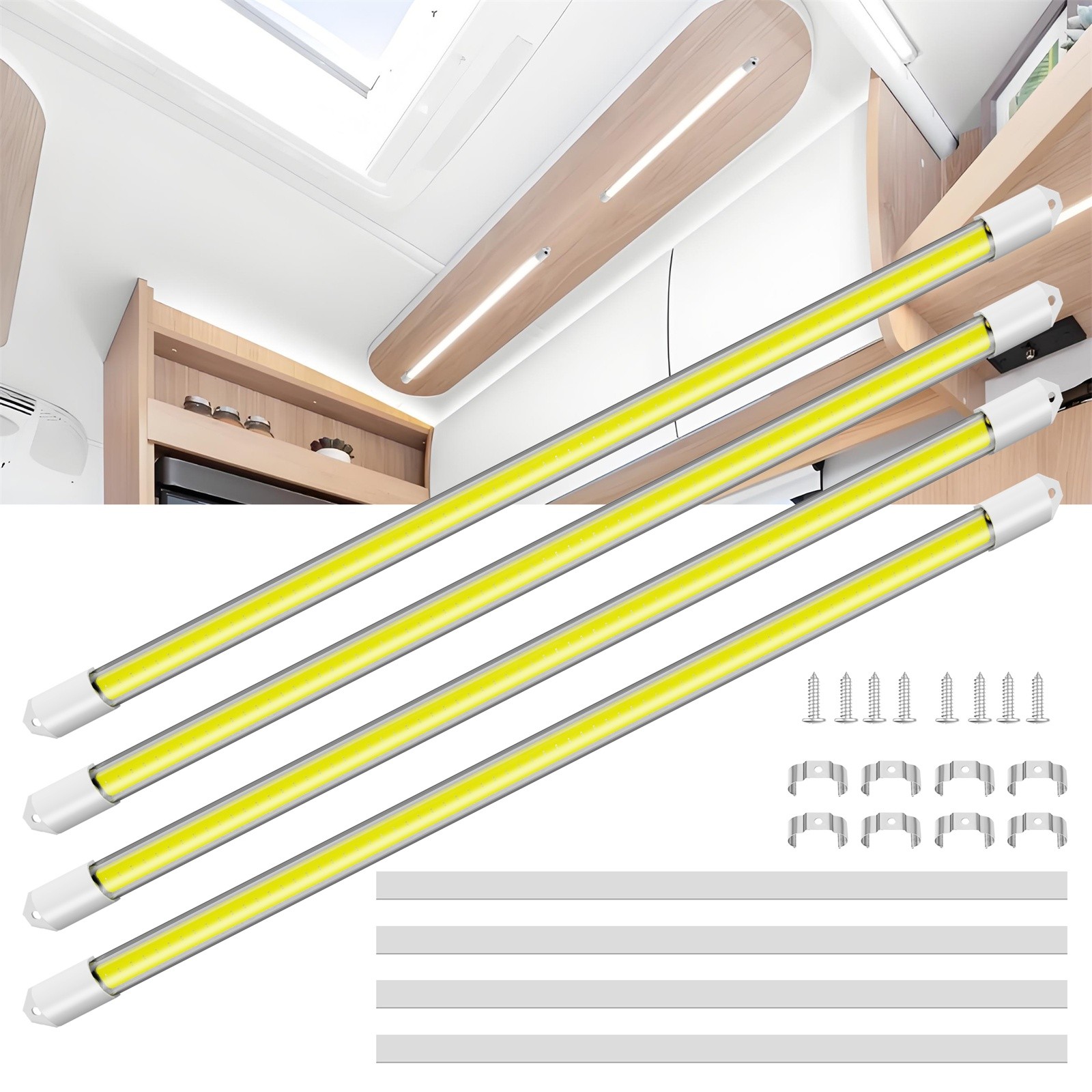 4Pcs 12V Interior LED Light Bar, COB Light Strip w/ON/Off Switch for Trailer Car