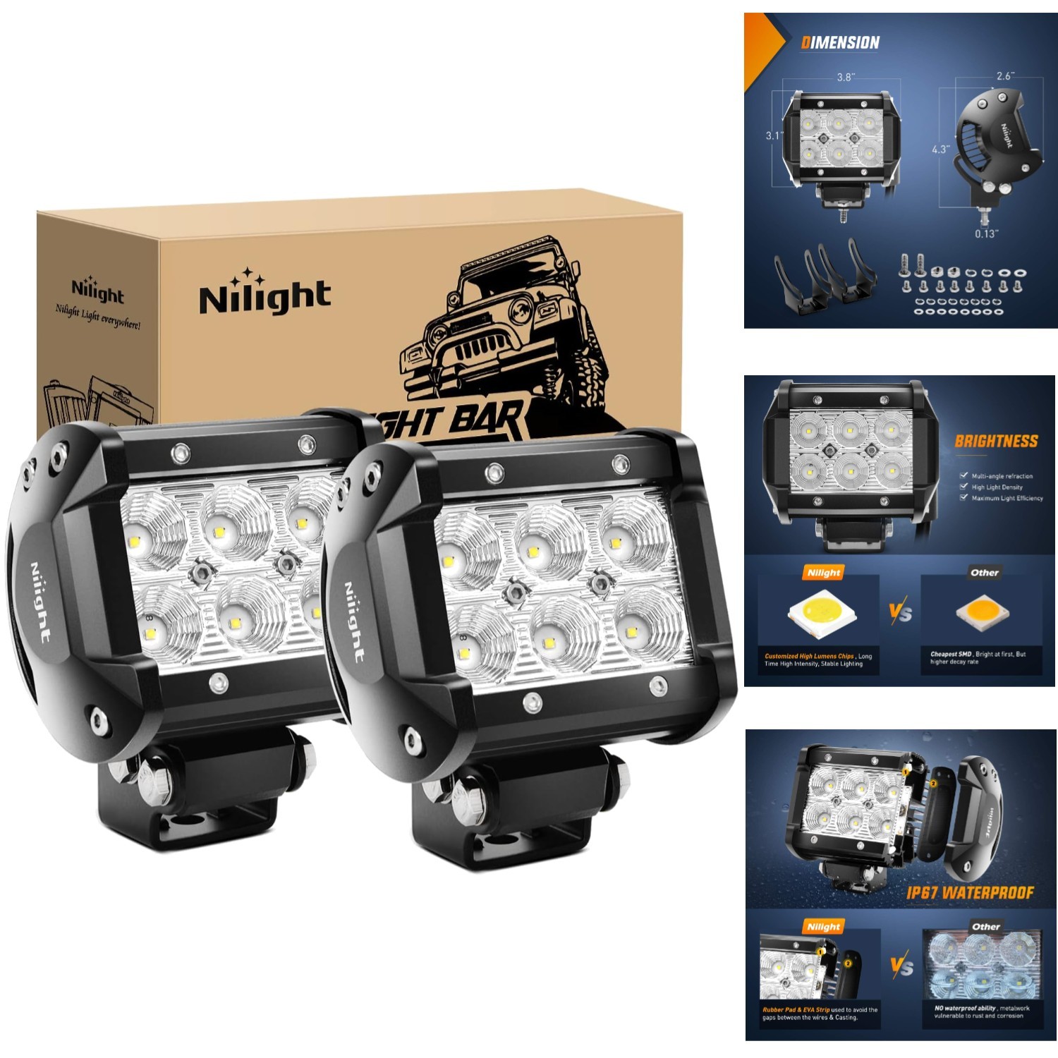 Super Bright 18W LED Pods 2-Pack – Off-Road Flood & Work Lights for Vehicles