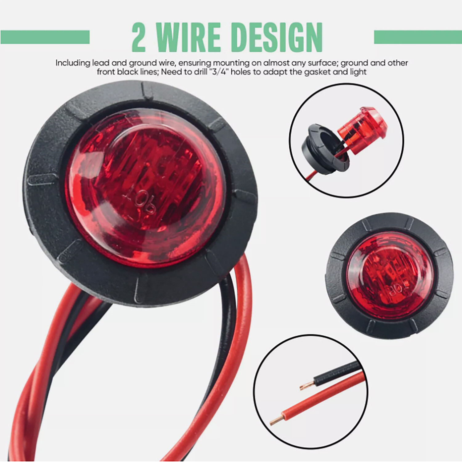 3/4″ 12V Marker Lights LED Truck Trailer Round Side Bullet Light Amber Red Lamps