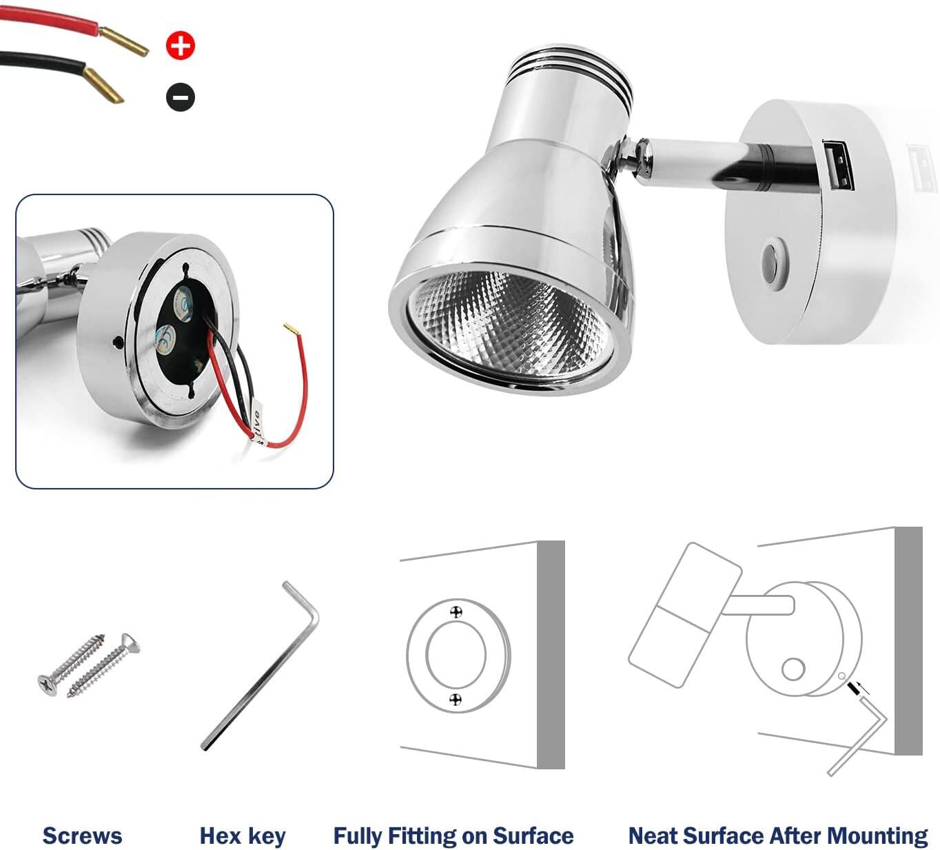 Adjustable Dimmable LED Reading Light – 12V-24V DC & USB Port for Vehicles, Boat