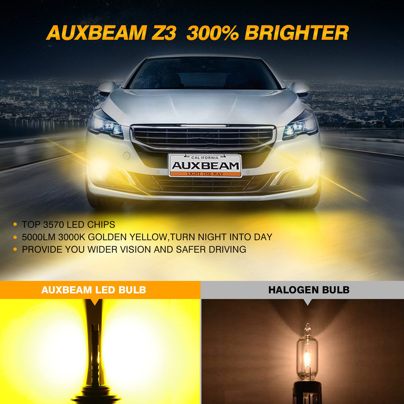 AUXBEAM 9005 HB3 LED Headlight Bulb High Beam Conversion Kit Golden Yellow 3000K