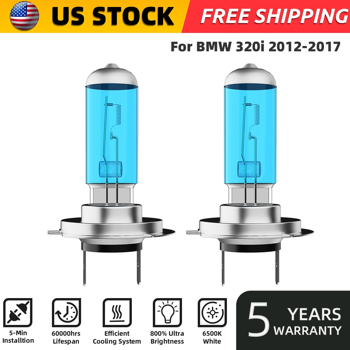For BMW 320i 2012-2017 H7 Halogen Headlight Bulbs Kit High/Low Beam Bright 6000K