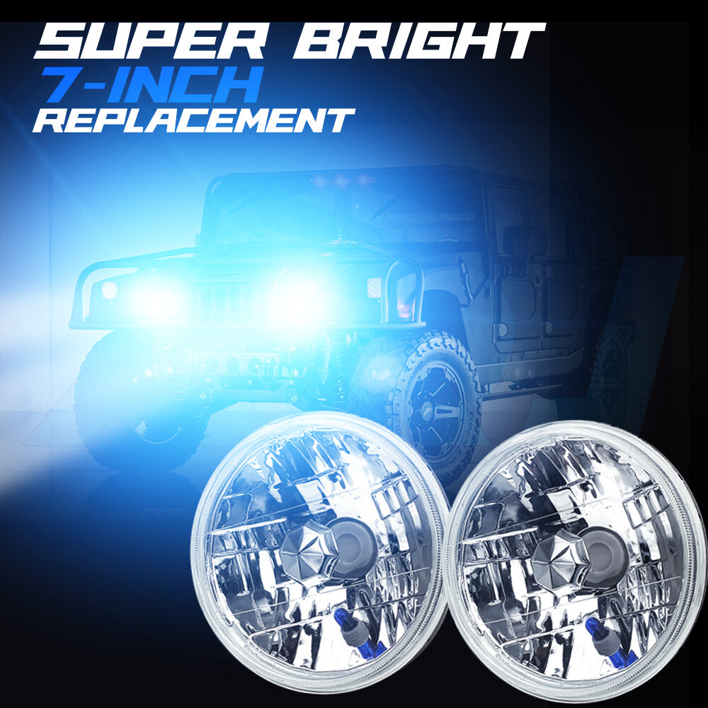7″Inch Blue led GLASS Headlight Round, ORIGINAL CLASSIC LOOK Conversion Chrome