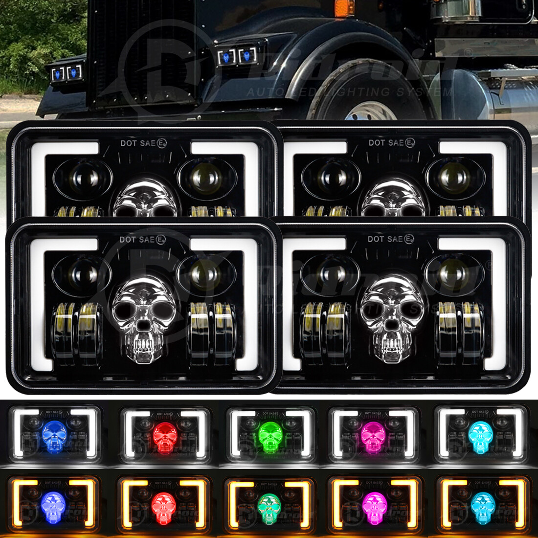 4x 4×6″ LED Headlights RGB For Kenworth T400 T800 W900 Peterbilt 357 359 378 379