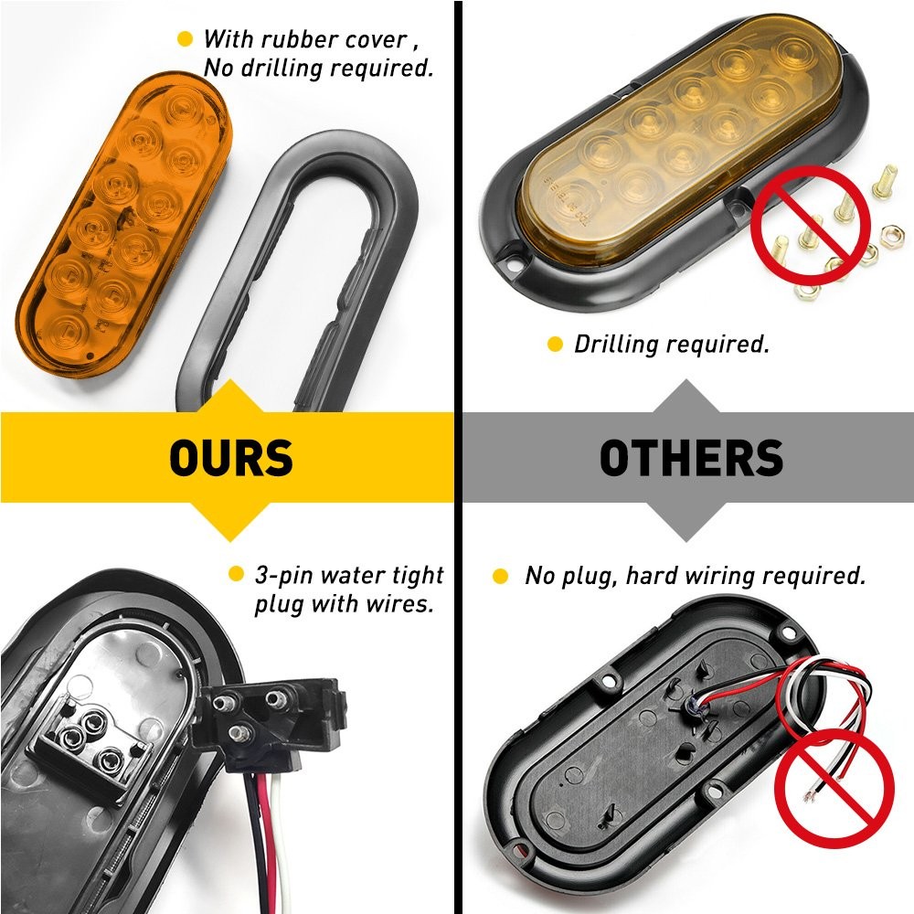 2Pcs Amber Oval 6″ Trailer Lights 10 LED Stop Turn Signal Tail Truck Park Lights