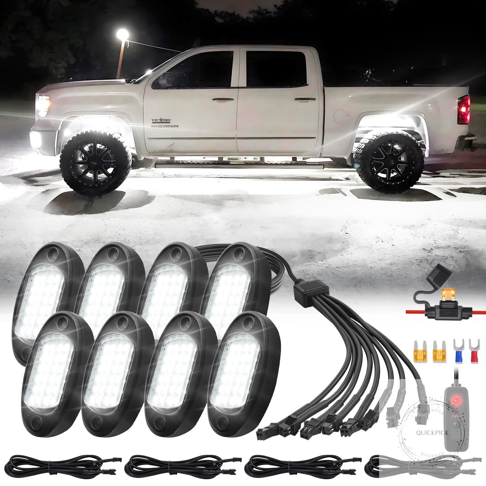 8Piece Bright Pure White LED Rock Lights Kit 6500K with Wiring Harness Power Kil
