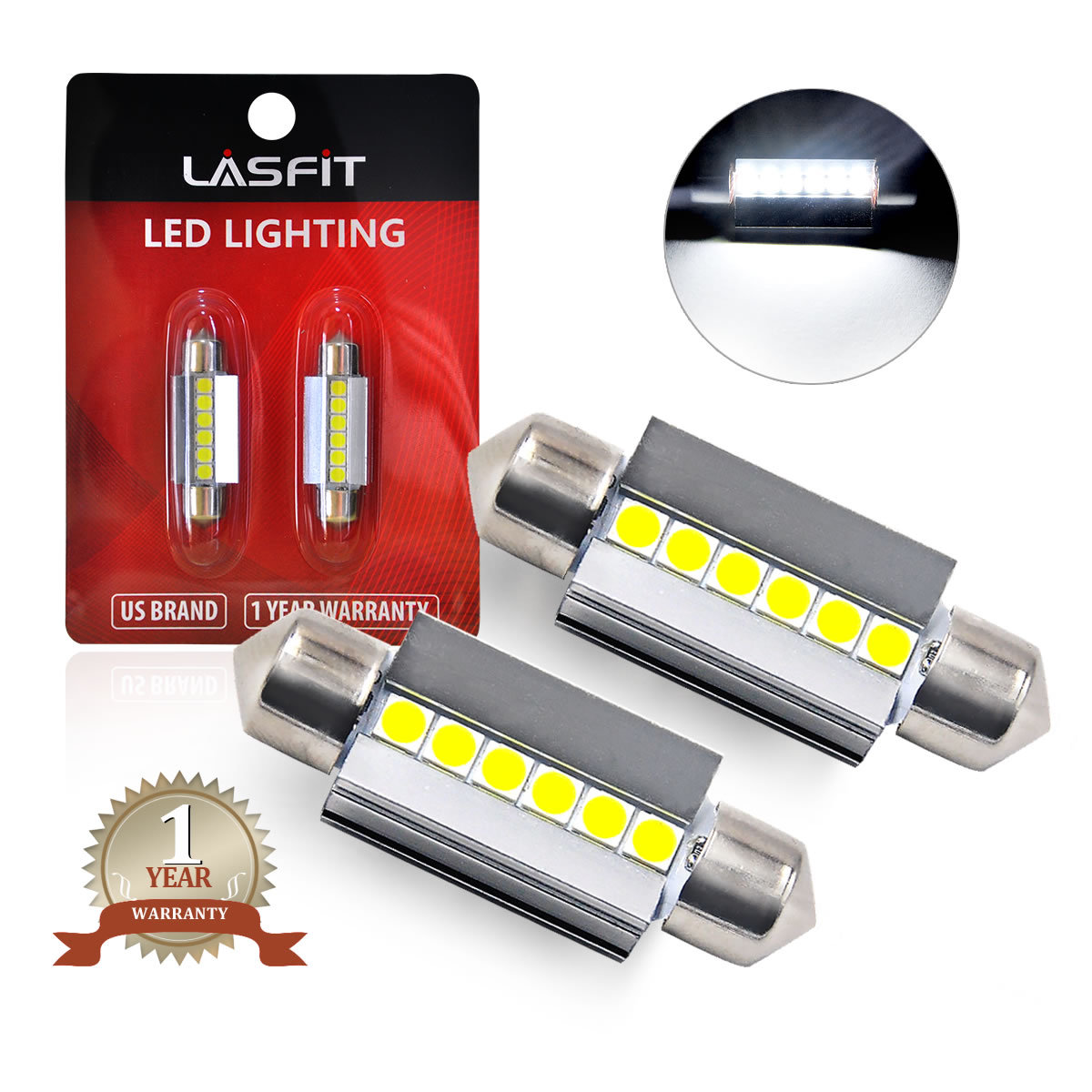 LASFIT 6418 C5W 36MM Festoon LED License Plate Tag Light Bulb 6000K Bright White