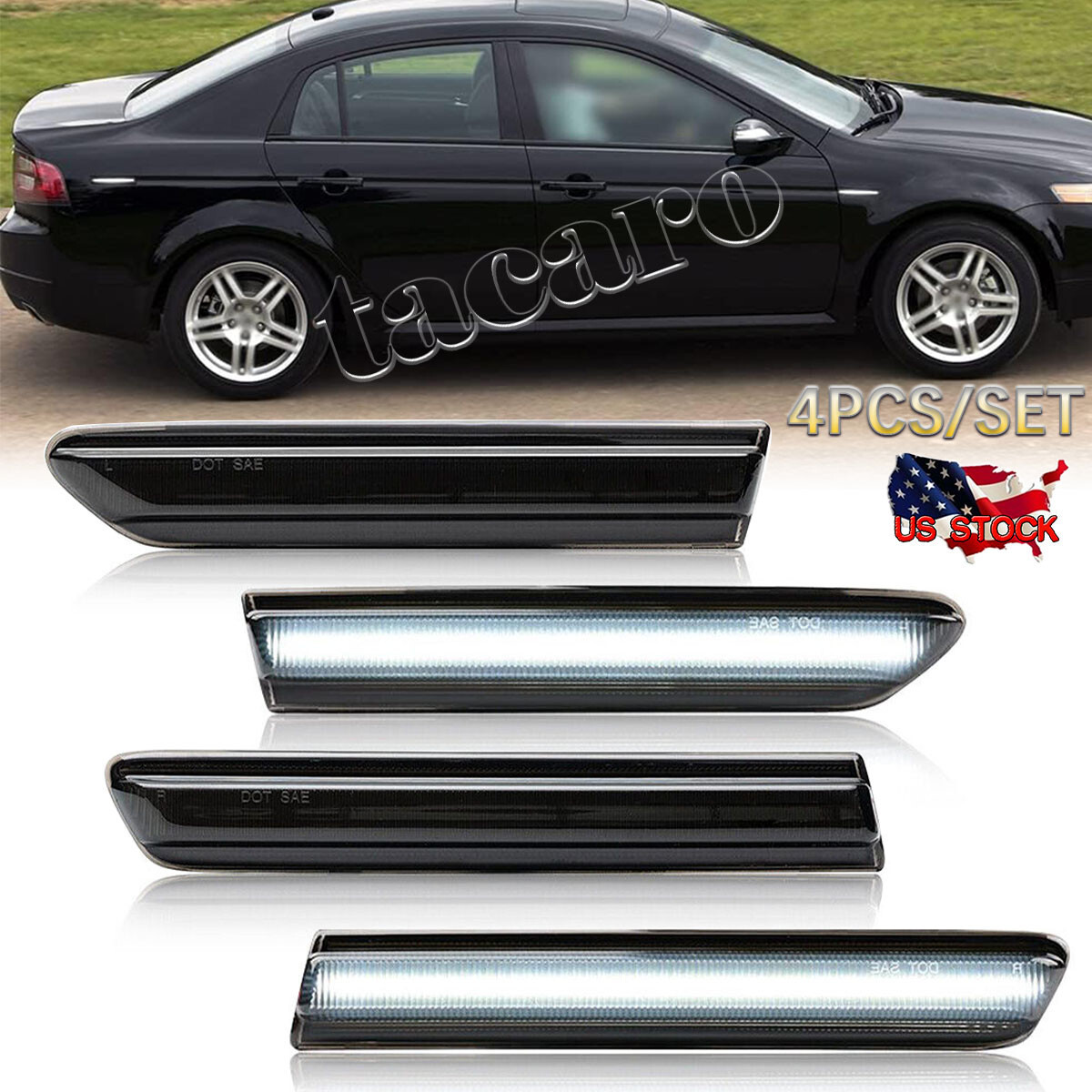 4PC Smoked LED Front+Rear Side Marker Lights White Lamps For 2004-2008 Acura TL