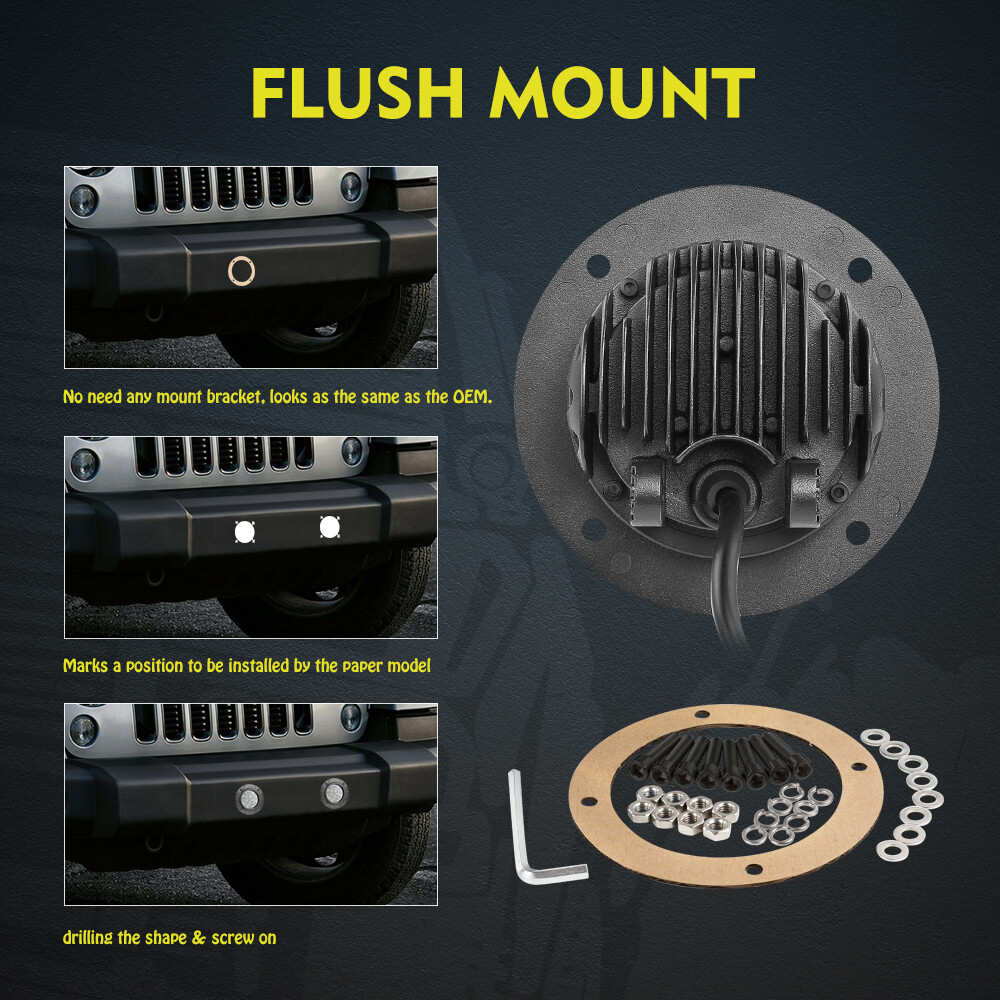 2X 5″ 90W LED Round Driving OffRoad Lights Pods Spot Flush Mount Reverse 4WD 12V