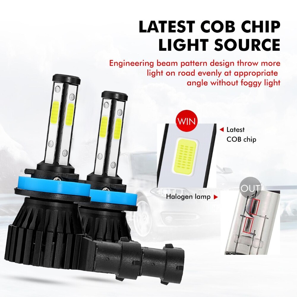 4-Side H9 H11 LED Headlight High Low Beam Bulb Super Bright 6500K White 360000LM