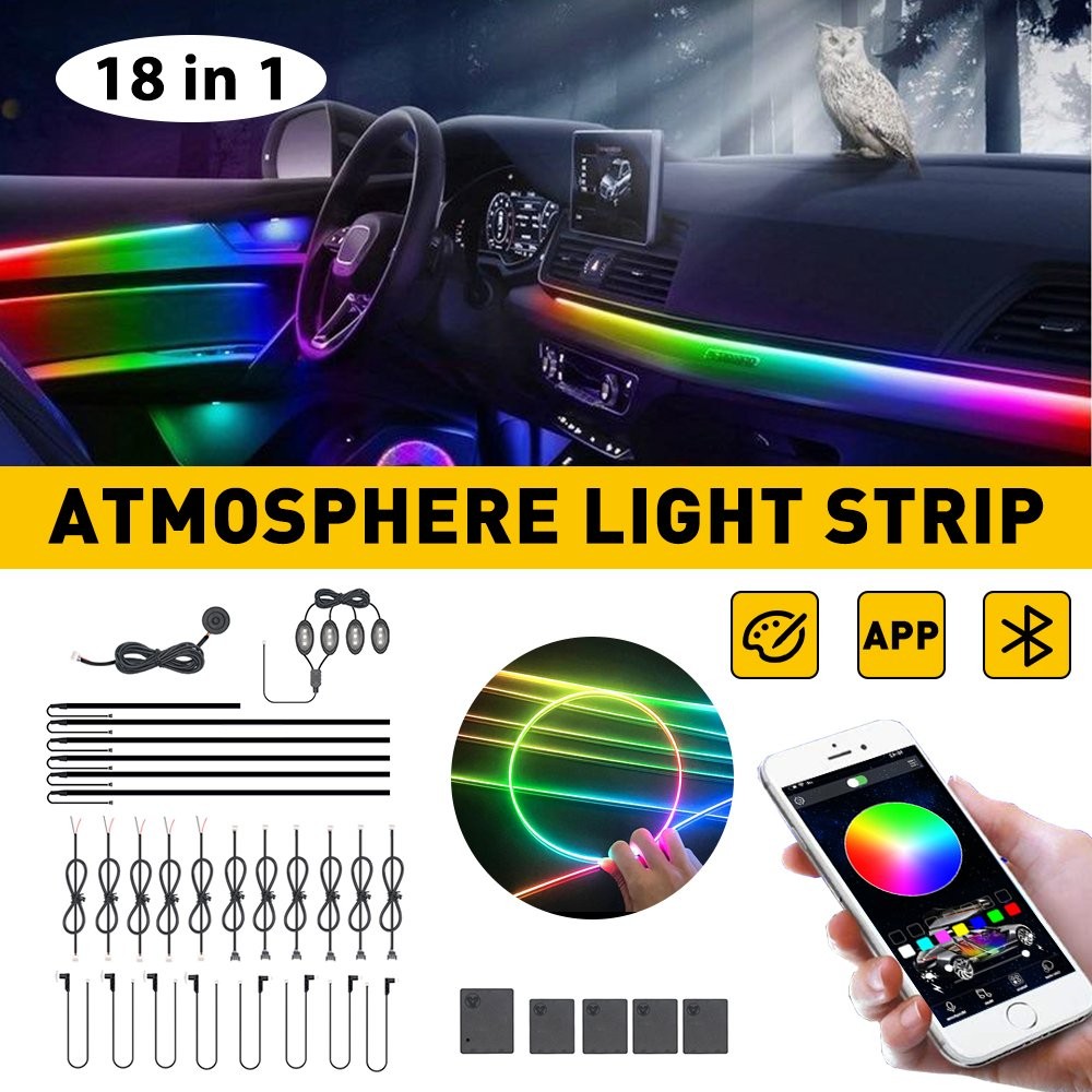 18 in1Car LED Ambient Light Strip APP Remote Atmosphere Interior LED Acrylic RGB