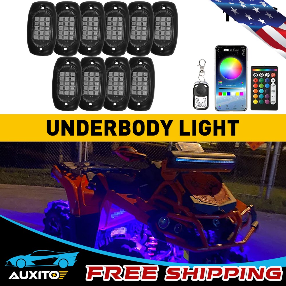 12V 10Pods RGB Rock LED Lights Underbody Wireless APP Music Chasing Offroad ATV