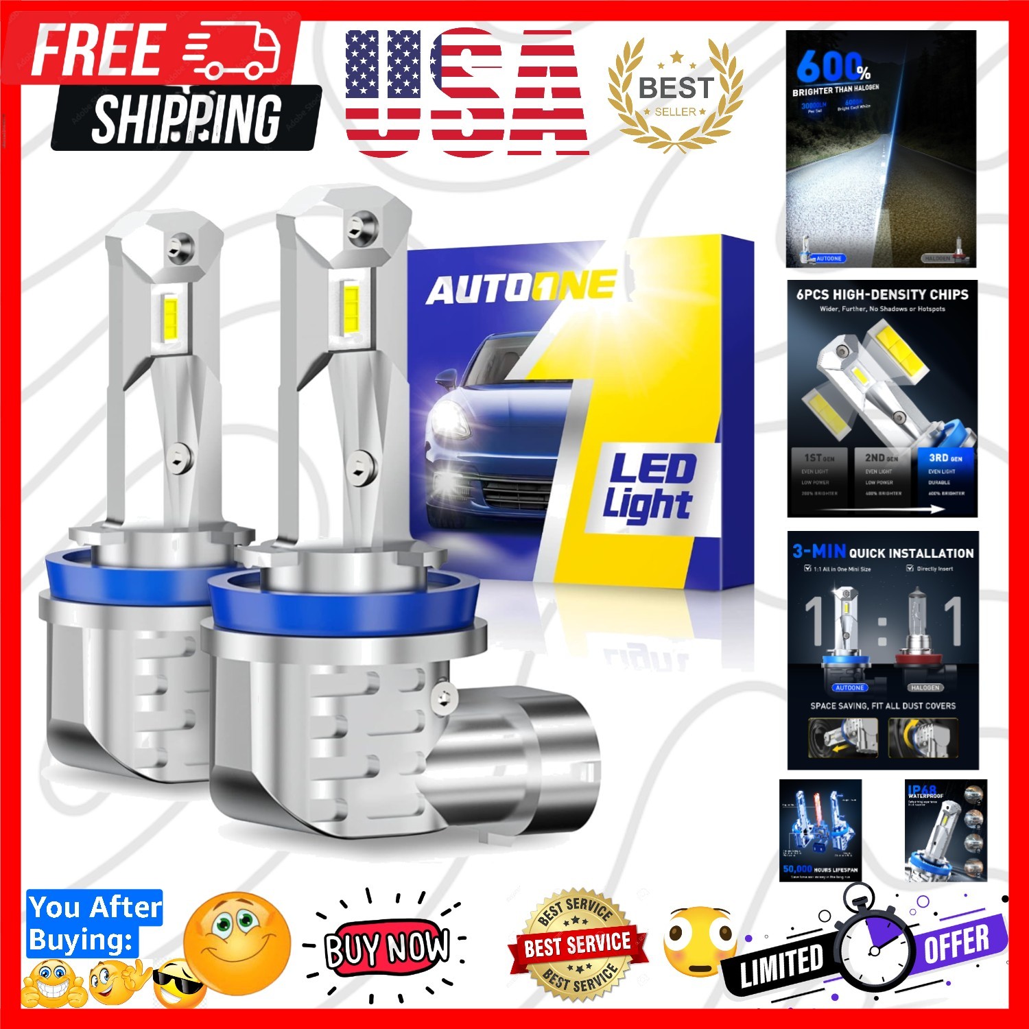 H11 LED Bulbs, H8/H9/H16 LED Lights Plug and Play 6000K White Fanless Mini Si…