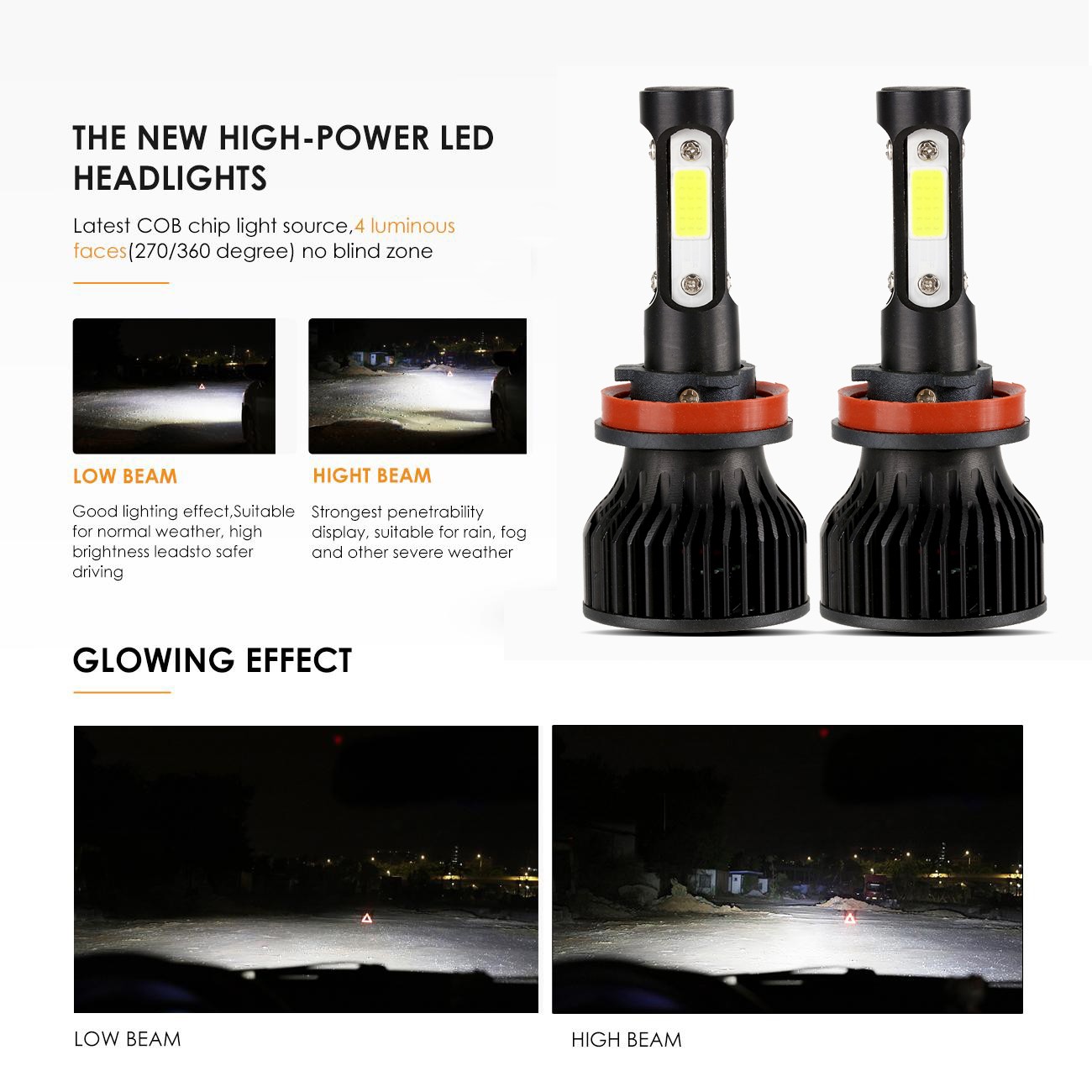 4-sides H11 LED Headlight Super Bright Bulbs Kit White 3600000LM High/Low Beam