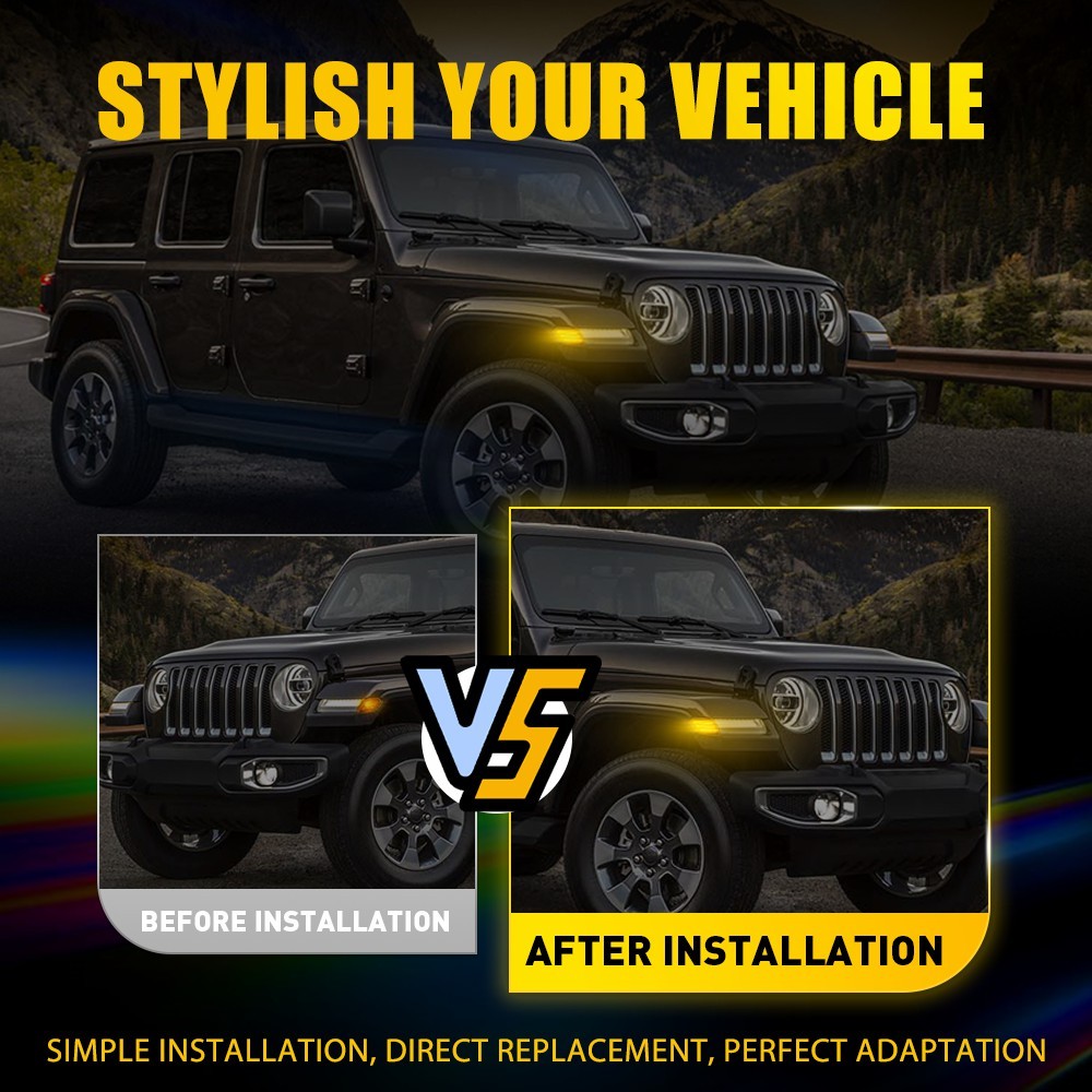 4PC Smoked Lens LED Side Marker Light Fender For 2018-26 Jeep Wrangler Gladiator