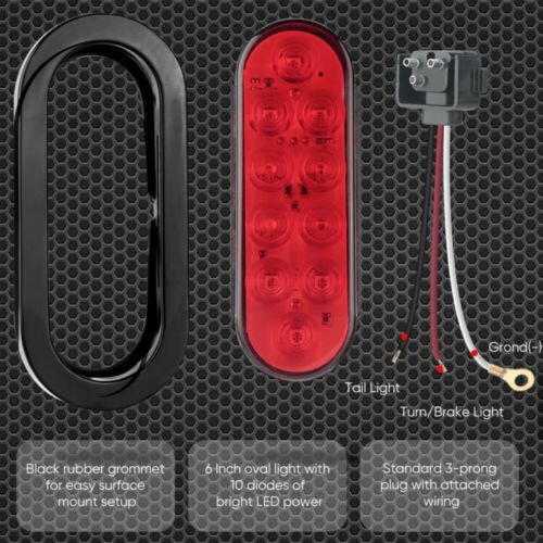 2 Red 6″ Oval Trailer Lights 10 LED Stop Turn Tail Truck Sealed Grommet Plug DOT
