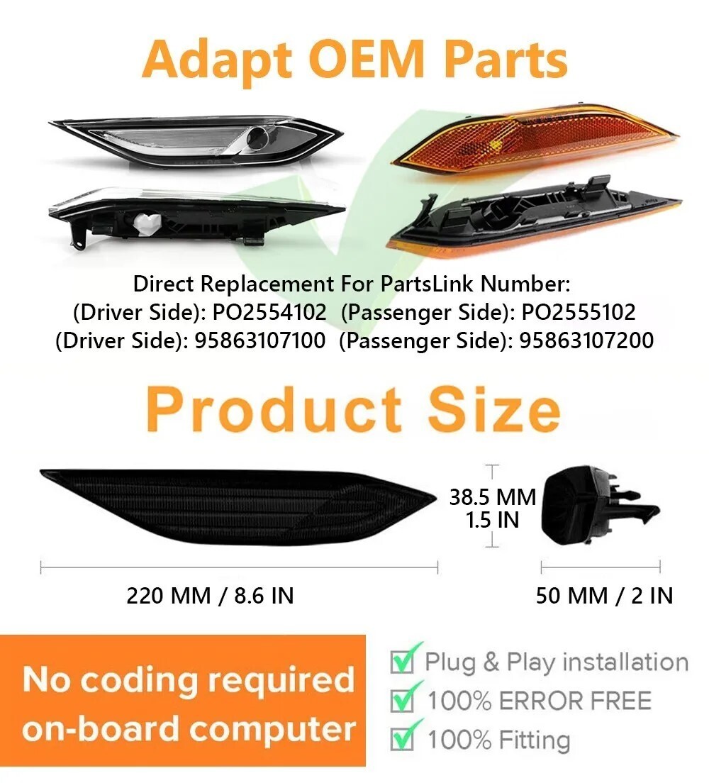 Smoked Lens Amber LED Front Side marker Lights For 11-14 Pre-LCI Porsche Cayenne