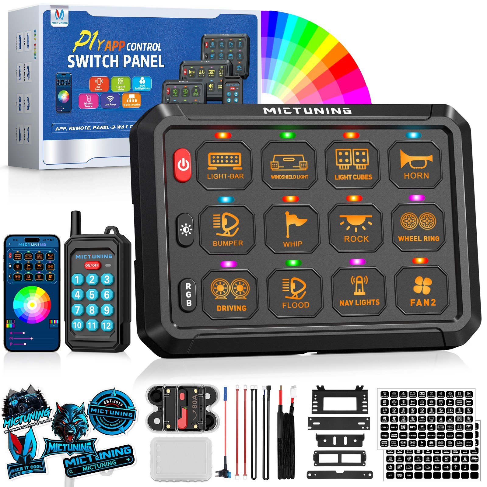 MICTUNING Wireless RGB Switch Panel 12/24v LED Circuit Remote/APP Control System